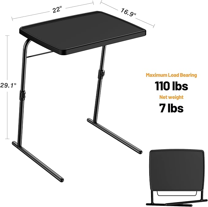 Max TV Tray Table, Allpop Adjustable Large TV Tray for Eating, Folding Dinner Laptop Table on Couch & Bed with 6 Heights & 3 Tilt Angles, Black