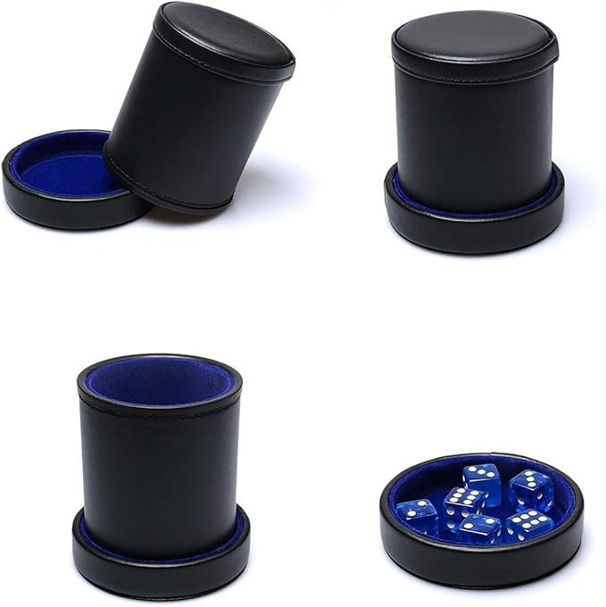 PU Leather Dice Cup with Lid, Blue Velvet Interior Quiet Dice Shaker Cup Including 6 BlueTranslucent Dice for Liars/Farkle/Yahtzee Games, 1 Pack