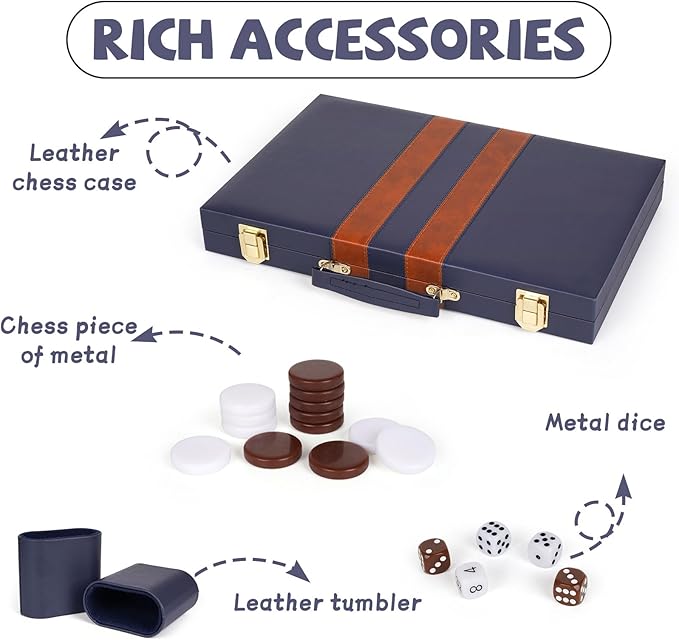 15 Inch Backgammon Sets for Adults ，Classic Family Board Game with Premium Folding Leather Backgammon Case, Portable Travels Strategy Backgammon Game Set