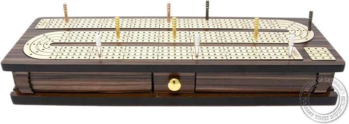 Continuous Cribbage Board Inlaid 4 Tracks Rosewood/Maple with Sliding Lids and Drawer