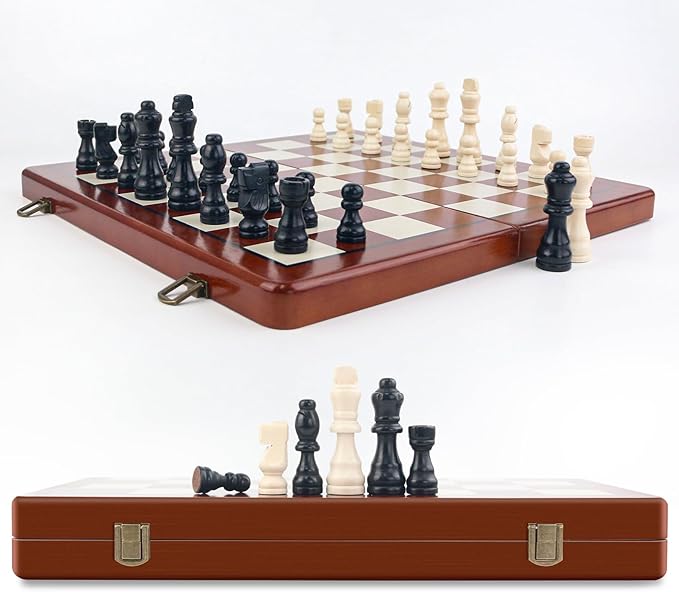 Magnetic Wooden Chess Set & Checkers Board Game - 15" Folding Chess Board, Portable Chess Set for Adults, Classic Wooden Chess Sets for Beginners
