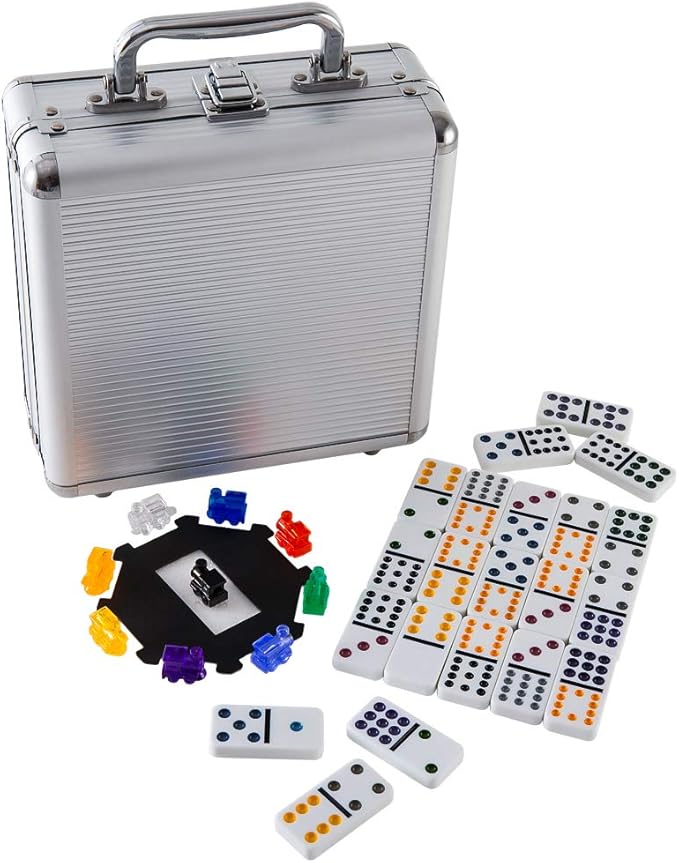 Double 12 Colored Dot Dominoes Mexican Train Game Set, 91 Tiles Dot Dominoes with 9 Trains, Scoreboard, Octagon Shape Hub and Aluminum Case