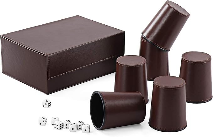 Party Games Leather Dice Cup Set, 6 Black Leather Dice Cups +30 Dice + Exclusive Storage and Transport Case Made of Faux Leather