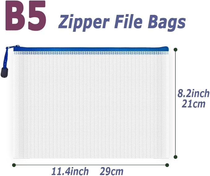 AUSTARK 20 Pcs Zipper File Bags, Plastic Mesh Pouch, Board Game Storage Bag, Waterproof Bags for Office School (B5 Size 11.4''x8.2'', White and Blue)