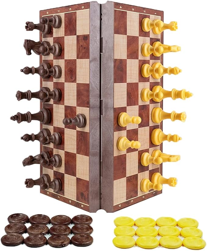 WEofferwhatYOUwant 2-in-1 Magnetic Travel Chess Set – Chess & Checkers Medium Size – Folding Wood Color Board – 12.4”
