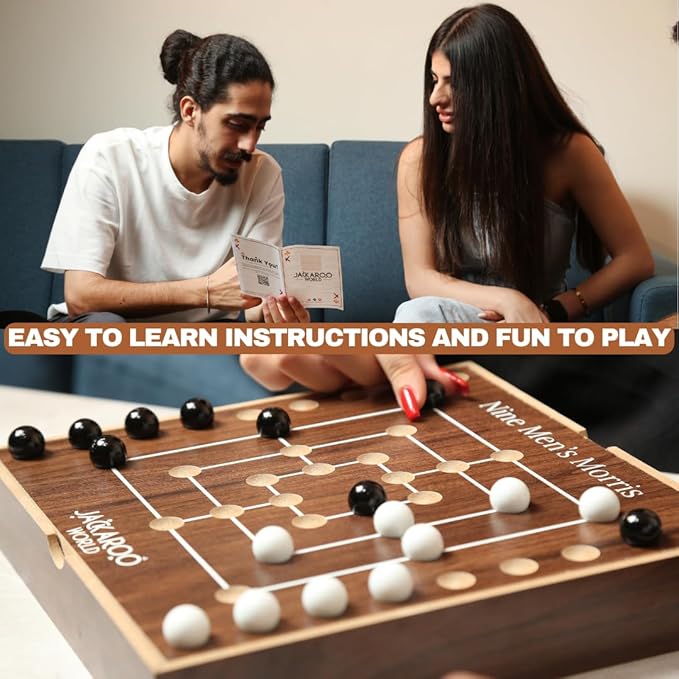 Nine Mens Morris Board Game - 2 Player Games Ancient Rome Game - Marble Strategy Game Wooden Tic Tac Teo Game Mill - Wooden Board Game for Men & Woman Marbles Games for Adults (Walnut)