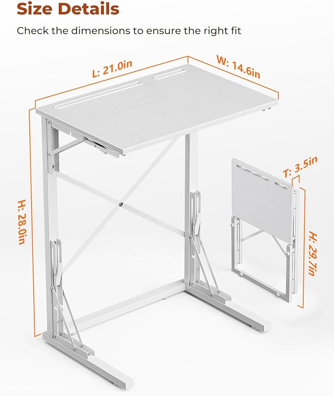 21''Wx28''H Folding TV Tray for Eating, Small Foldable C-Shaped Tray Table with Tablet and Phone Slots, Slide Under Couch Side Table for Recliner, Living Room, Bedroom, White