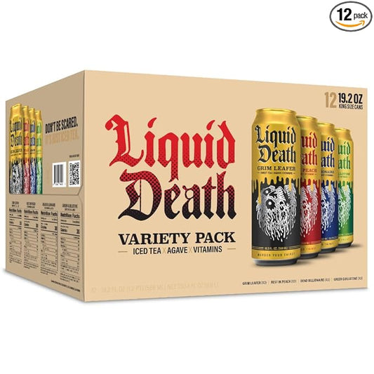 Liquid Death Iced Tea Variety 12-Pack (19.2 Oz Cans) (Grim Leafer, rest in Peach, Dead Billionaire, Green Guillotine)