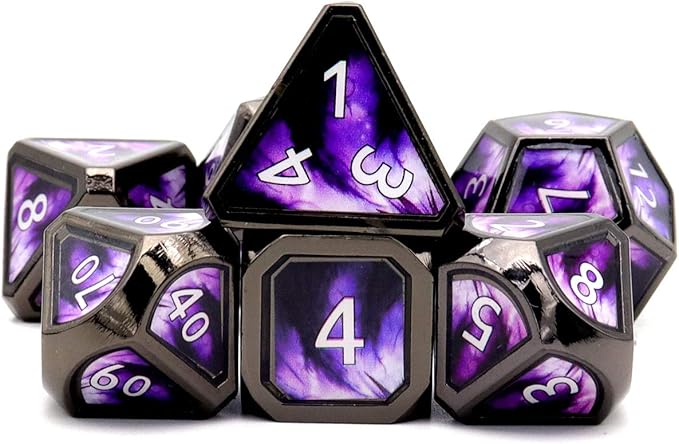 Haxtec Metal DND Dice Set Purple Black Real Scene D&D Metal Dice Set for Dungeons and Dragons TTRPG DND Gifts Elderitch Blast