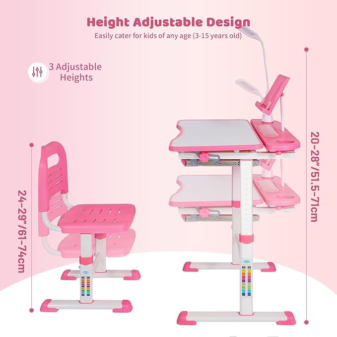 Kids Desk and Chair Set,Height Adjustable Child's Study Table with Tilt Desktop,LED Light,Cup Holder,Bookstand and Storage Drawer,Pink