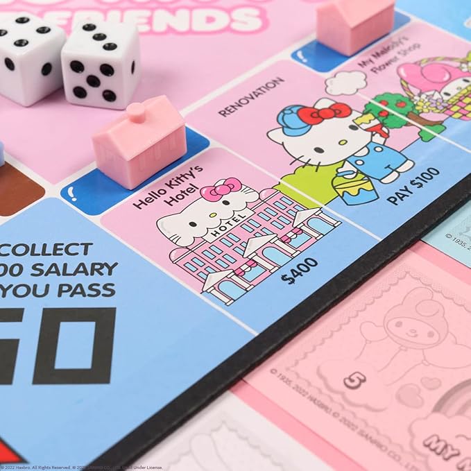 Monopoly: Hello Kitty and Friends, Buy, Sell, Trade Buildings from The Animated Series, Featuring My Melody, Badtz-Maru, Keroppi, Classic Monopoly Game, Officially-Licensed Hello Kitty Merchandise
