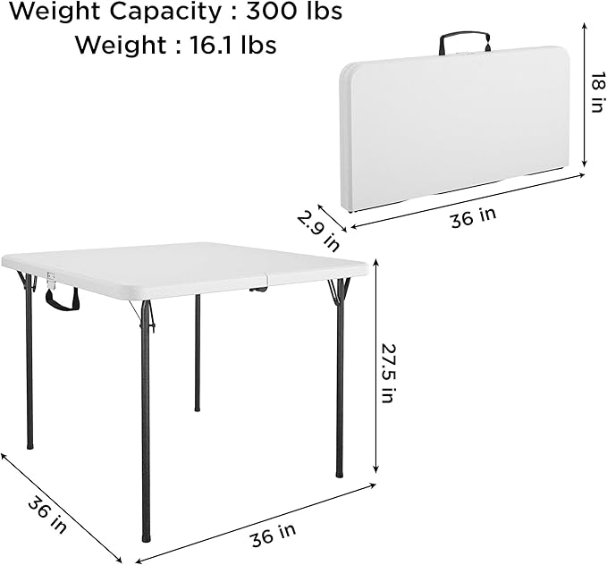 COSCO XL 36" Fold-in-Half Card Table w/Handle, White, Indoor & Outdoor