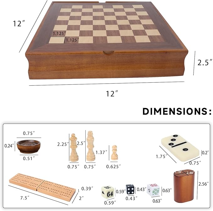 GSE Games & Sports Expert Wooden 7-in-1 Board Game Set - Chess, Checkers, Backgammon, Dominoes, Cribbage Board, Playing Card & Poker Dice Game Combo Set (Old Fashioned)