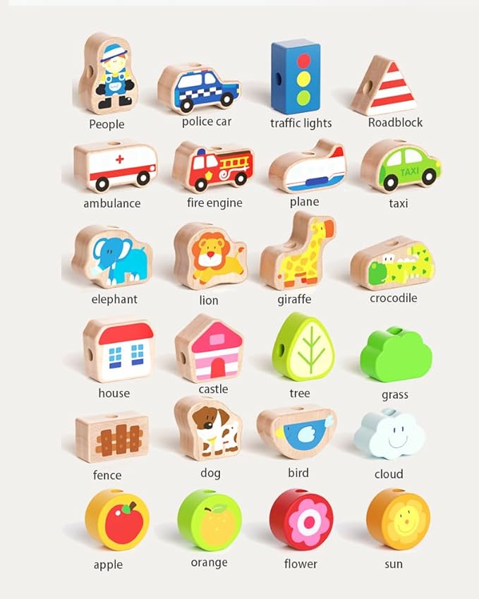 24-Piece Real Wood Bead Threading Puzzle Blocks with Traffic Scenario Game Board - Kids' Educational Toy Set with 2 Stringing Sticks & Cotton Storage Bag(Ages 3-6)