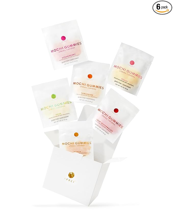 ISSEI Mochi Gummies Chewy Candy | Soft & Chewy | Award Winning | Gelatin-Free, Non-GMO, Kosher | Delicious Snack | 1.76 Oz (6 Pack, Rainbow Variety)