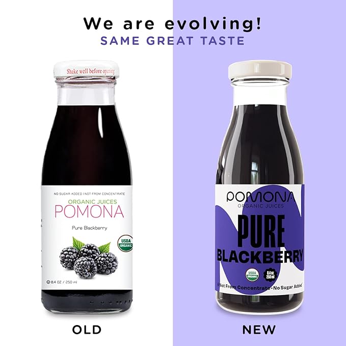 Pomona Organic Blackberry Juice (Pack Of 12), Cold Pressed USDA Organic Juices, 100% Blackberries, No Added Sugar, Not From Concentrate, Vegan, Kosher, Non GMO, Pasteurized, 8.4 Oz Glass Bottles