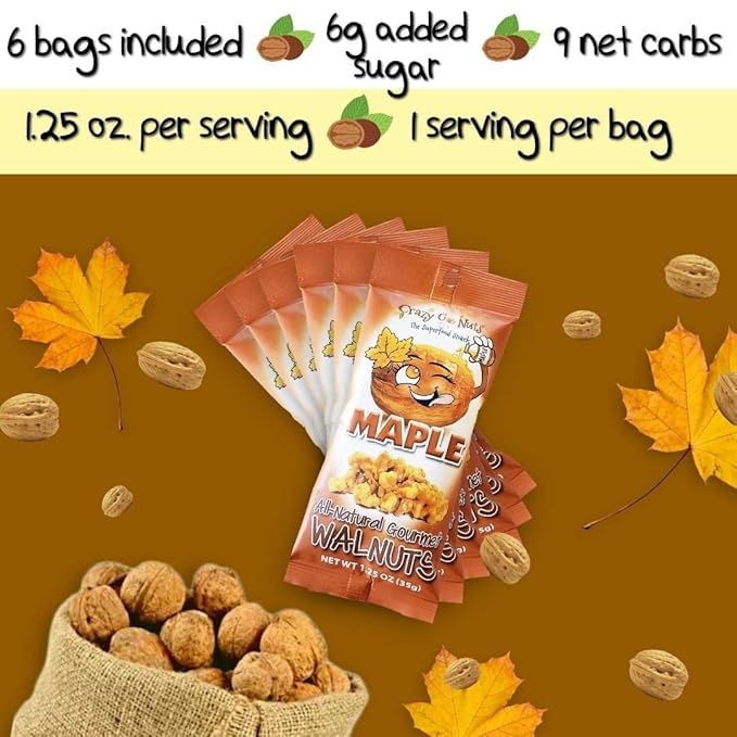 Crazy Go Nuts Walnuts Maple - Glazed Walnuts, Healthy Snacks, Vegan, Low Carb, Gluten Free, Superfood - Natural, Non-GMO, ALA, Omega 3 Fatty Acids, Good Fats, and Antioxidants - 1.25 Oz, 6-Pack