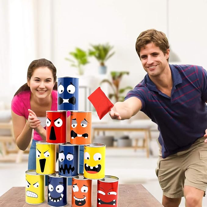 Halloween Bean Bag Toss Game for Kids & Family, Carnival Party Game with 10 Funny Face Cans & 4 Bean Bags