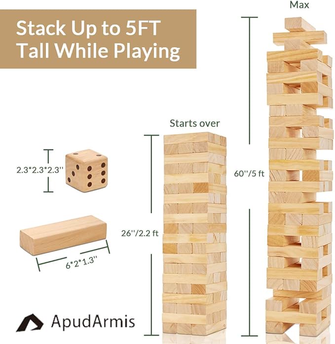 ApudArmis 60 PCS Giant Tumble Tower, (Stack up to 5Ft) Pine Wooden Stacking Timber Game with 1 Dice Set - Classic Block Giant Outdoor Game for Teens Adults Family