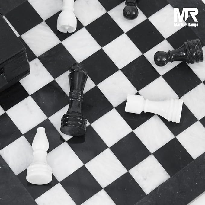 Marble Chess Set 15 Inch Handmade Black & White Board Game with Storage Box, Classic Travel Chess Set for Adults with Pieces & 2 Extra Queens, Elegant Gift & Home Décor