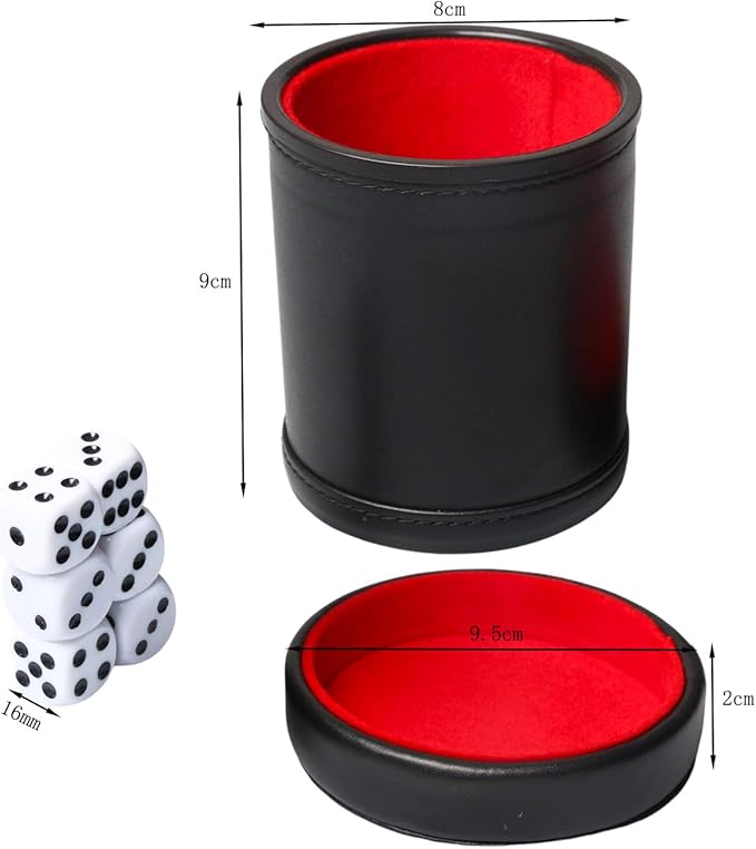 Leatherette Dice Cup with Lid, Red Felt-Lined Dice Shaker Includes 6 Regular Dice for Liars Dice/ Farkle/ Yahtzee/ Games, 1 Pack