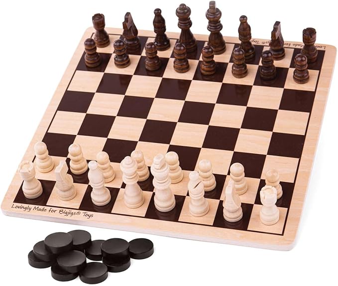 Bigjigs Toys Draughts and Chess Board Sets - 2 in 1 Wooden Chess Board & Checkers Game, 28cm x 28cm, Family Board Games