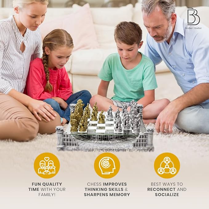 BB Brother Brother Ancient Roman Gladiators 3D Chess Board Game Set, Glass Board, Handmade Gold and Silver Polyresin Chess Pieces for 2 Players
