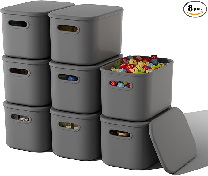 8 Pack Dark Grey Storage Bins with Lids Stackable Storage Container for Organizing, Storage Boxes with Handle for Shelves, Cute Organizer Bins for Craft, Snacks, 9.85x6.9x5.7 inch