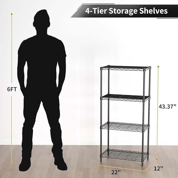 4 Tier Adjustable Storage Shelves,Heavy Duty Metal Utility Shelf 600LBS Capacity,Wire Shelving Unit Organizer Rack for Home Kitchen Office BathroomM Pantry Room 12" D x 22" W x 43.5" H Black