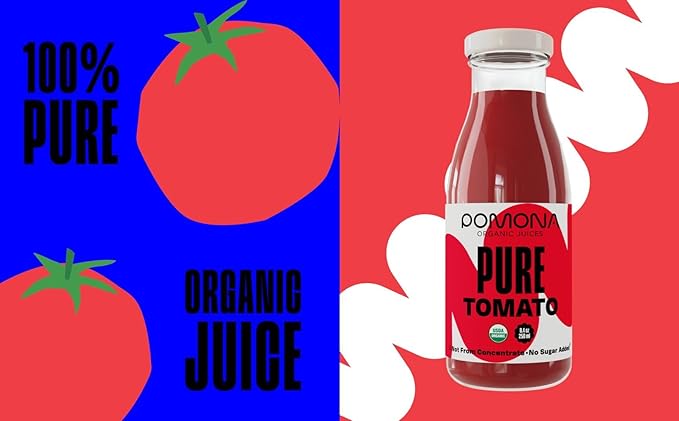 Pomona Organic Juices Pure Tomato Juice, 8.4 Ounce Bottle (Pack of 12), Cold Pressed Organic Juice, Non-GMO, No Sugar Added, Not from Concentrate, Gluten Free, Kosher Certified, Preservative Free