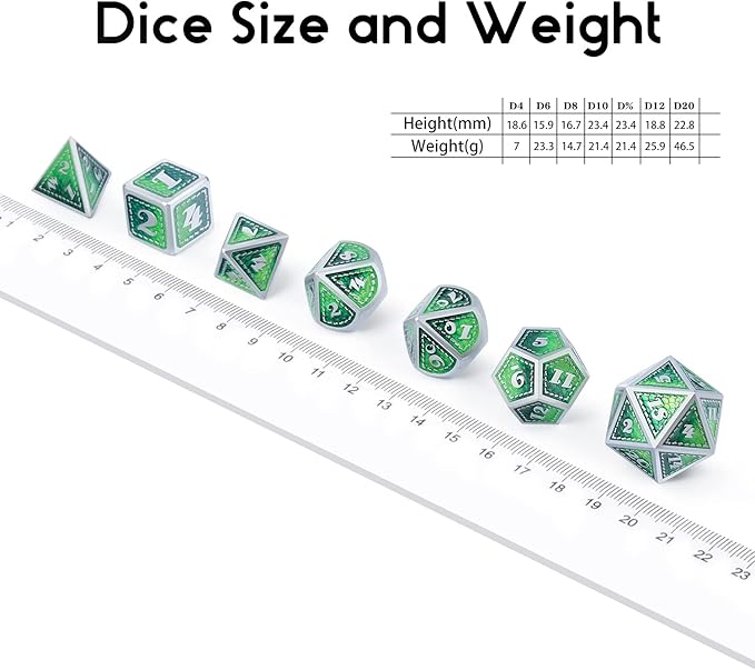 DND Metal Dice Set with Gift Metal Tin DNDND Metallic Dungeons and Dragons Dice Set for D&D Game (Neno Green & Green with Matt Silver Edge)