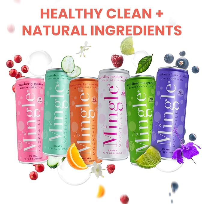 Mingle Mocktails - Blackberry Hibiscus Bellini, Cranberry Cosmo, Key Lime Margarita, Blood Orange Elderflower Mimosa, Cucumber Melon Mojito, Sparkling Raspberry Rose, Variety Pack, Premium Non Alcoholic Cocktails,12 FL OZ Cans (24 Pack Cans)
