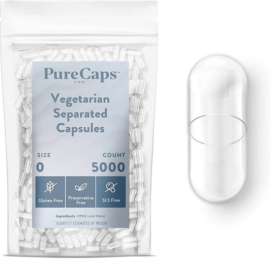 PureCaps USA - Empty Vegetarian and Vegan Pill Capsules Size 0 | 5,000 Separated Pills| Clear| Non-GMO Certified | SLS, Gluten, Preservative Free