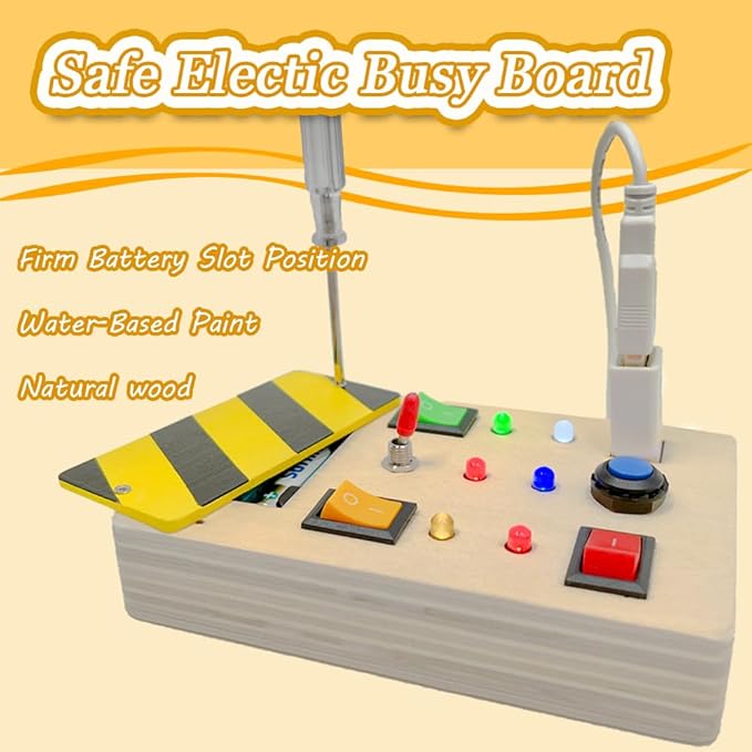 Wooden Fidget Toy Toddler Toys for Kids, Toddler Busy Board with 6 LED Lights Switches, Sensory Toys for Toddlers 3-4, Battery Powered Kids Toys Toddler Gifts, Learning Toys