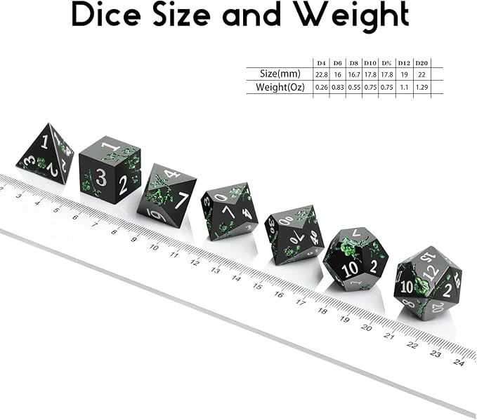 Glitter Green DND Metal Dice, DNDND 7 PCS Flower Metallic DND Dice Set with Gorgeous Gift Case for Dungeons and Dragon Tabletop Game (Matte Black with Glitter Green Flower)