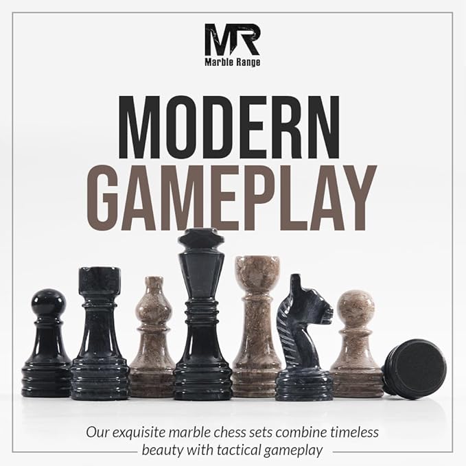Marble Chess Set 15 Inch Handmade Oceanic & Black Board Game with Storage Box, Classic Travel Chess Set for Adults with Pieces & 2 Extra Queens, Elegant Gift & Home Décor