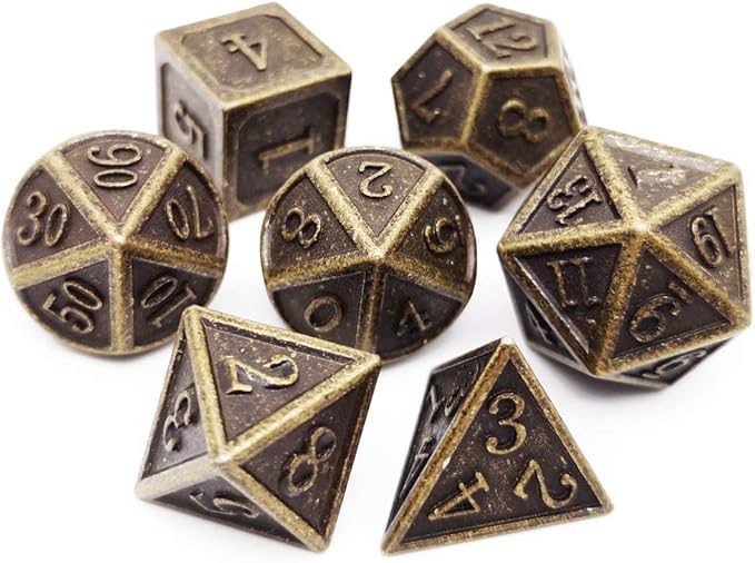 Haxtec DND Metal Dice Set 7PCS D&D Dice of D20 D12 D10 D8 D6 D4 for Dungeons and Dragons RPG Dice Games-Antique Bronze Dice