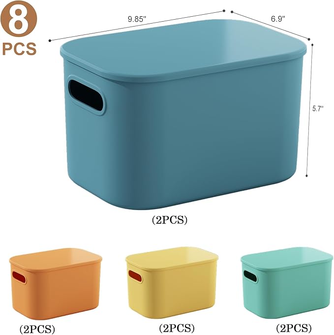 8 Pack Colorful Storage Bins with Lids Stackable Storage Container for Organizing, Storage Boxes with Handle for Shelves, Cute Storage Bin for Craft, Snacks, 9.85x6.9x5.7 inch