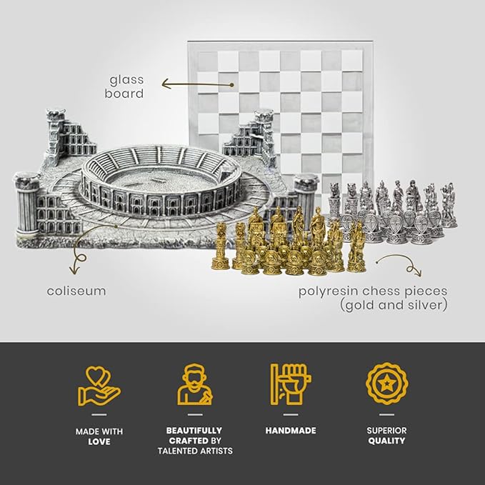BB Brother Brother Ancient Roman Gladiators 3D Chess Board Game Set, Glass Board, Handmade Gold and Silver Polyresin Chess Pieces for 2 Players