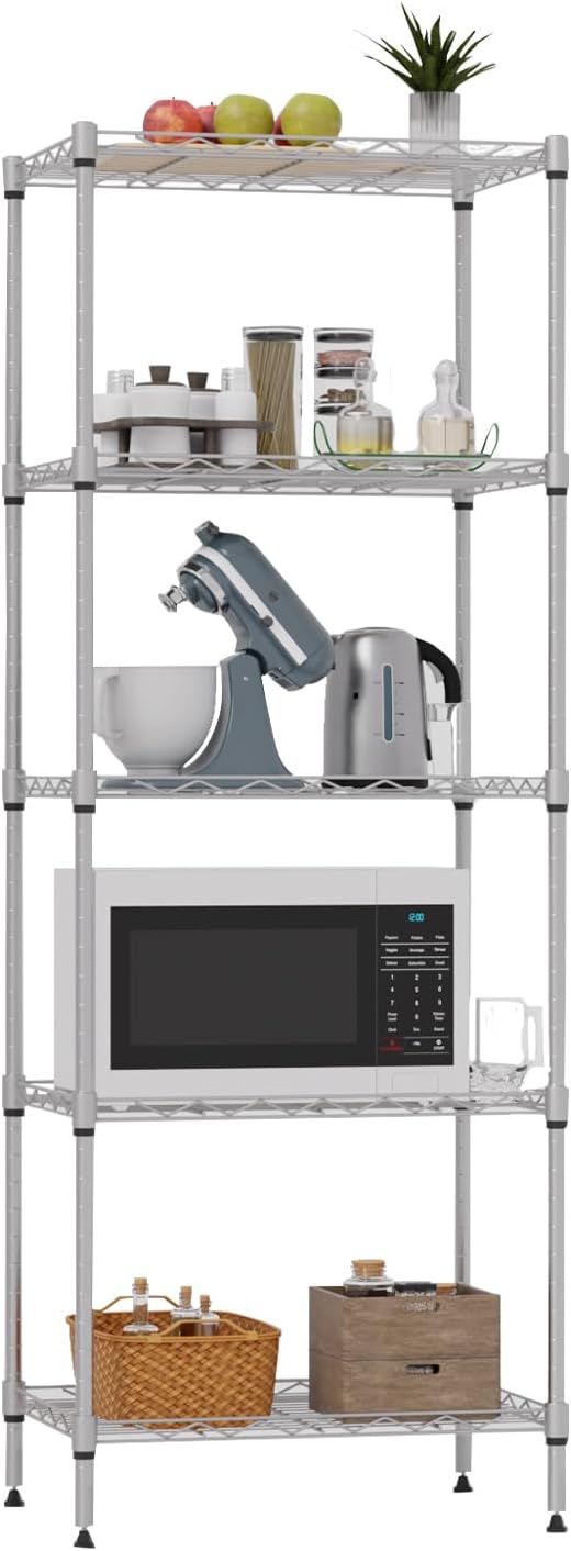 Metal Frame Storage Shelves 5-Tier Wire Shelving NSF Certified Storage Rack Shelf Heavy Duty Storage Shelf with Leveling Feet for Home Kitchen Garage, 12" Dx17 Wx48 H, Chrome