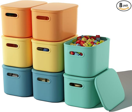 8 Pack Colorful Storage Bins with Lids Stackable Storage Container for Organizing, Storage Boxes with Handle for Shelves, Cute Storage Bin for Craft, Snacks, 9.85x6.9x5.7 inch