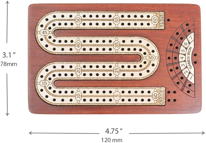 2 Track - Wooden Travel - Pocket Size Cribbage Board - Size: 4.75 Inch - Storage Space for Cribbage Pegs - Score Marking Fields for Won Games - 60 Points - Non Continuous