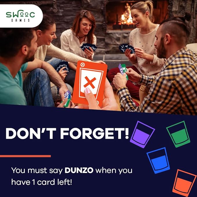 DUNZO® - Hydrating Version of Classic Card Game with 4 Unbreakable Glasses - Draw Two, Skip, Reverse, Get Loco - Fun Party Game & Funny Gifts - Card Games