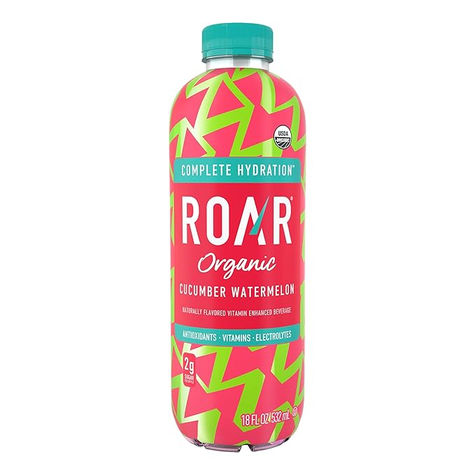 Roar Organic Electrolyte Infusions - USDA Organic - Cucumber Watermelon - with Antioxidants, B Vitamins, Low-Calorie, Low-Sugar, Low-Carb, Coconut Water Infused Beverage 18 Fl Oz (Pack of 12)