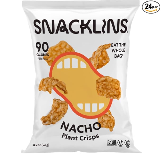 SNACKLINS Plant Based Crisps NACHO - Gluten Free, Grain Free, 100% Kosher, Vegan Healthy Snacks, Crunchy Puffed Snack, Only 90 Calories Per Bag - .9oz Bag (Case of 24)
