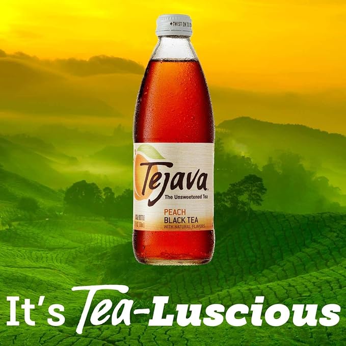 Tejava Peach Black Iced Tea, 12 Pack, 12oz Glass Bottles, Unsweetened, Non-GMO, Kosher, No Sugar or Sweeteners, No calories, No Preservatives, Brewed in Small Batches