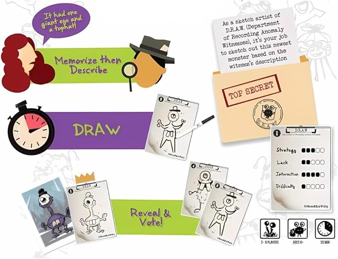 MonsDRAWsity, Drawing Party Game Based on Verbal Description, Take Turns Describing & Drawing a Bizarre Monster - Be The Player Whose Drawing Most Closely Matches, 8+, 3-8 Players