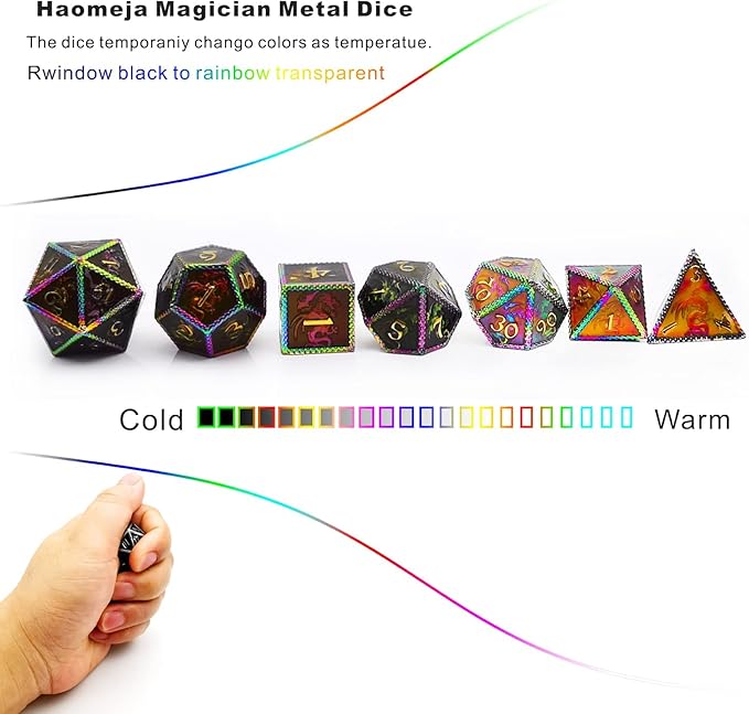 HAOMEJA Color Changing Temperature Metal Dragons DND dice set D&D dice Set Role Playing Dice Apply to Dungeons and Dragons Black Transition Colourful