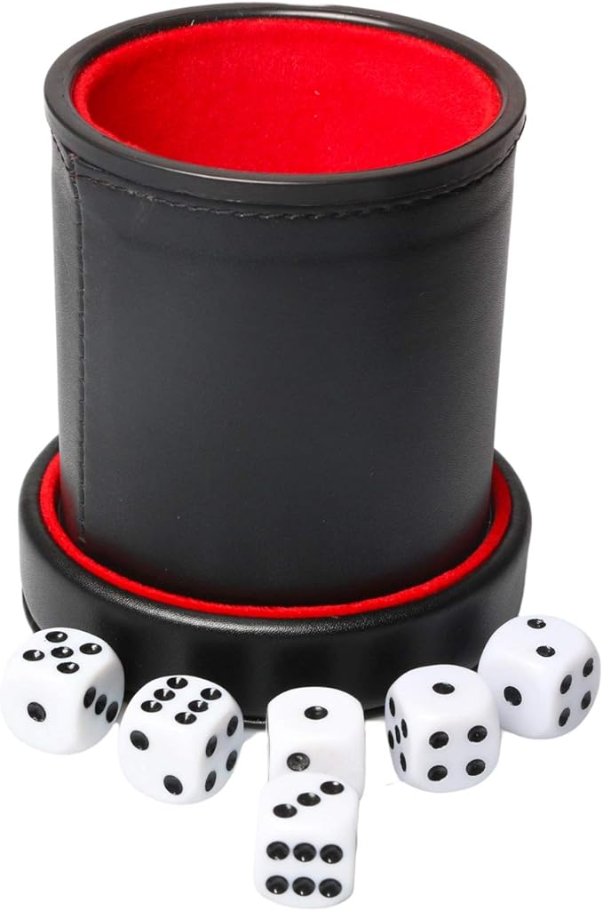 Leatherette Dice Cup with Lid, Red Felt-Lined Dice Shaker Includes 6 Regular Dice for Liars Dice/ Farkle/ Yahtzee/ Games, 1 Pack