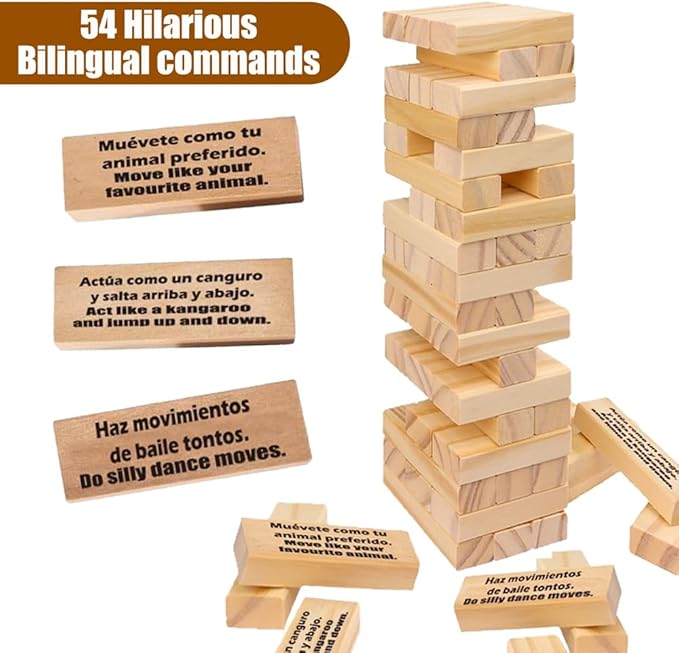 Spanish Learning Games for Kids | Stacking Tower Game | Bilingual Gifts for Family Classroom | 54 Blocks with Hilarious Commands | Ideal Board Game